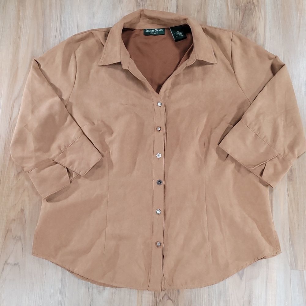 🔹️Lemon Grass Studio Tan Faux Suede Buttoned 3/4 Sleeve Shirt XLarge